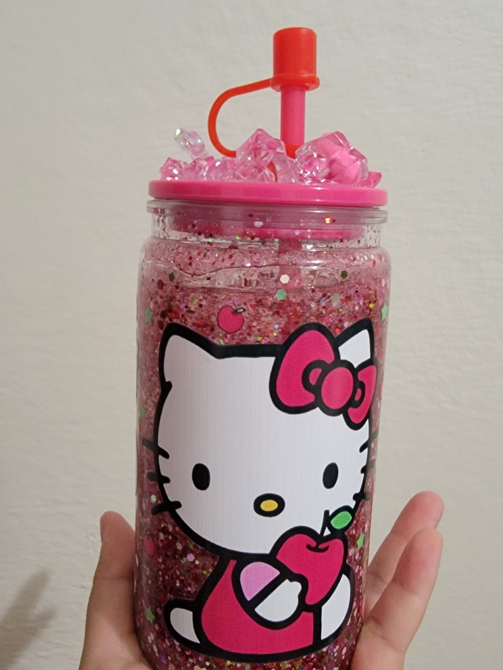 Handmade 16 Oz Hello Kitty Pink Glitter Drink Cup with Straw and Decorative Top